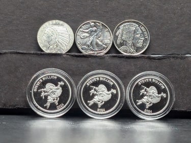1/10th Oz. Each .999 FINE SILVER Various Designed Miniature Rounds (Some in Capsules - 6 PCS)