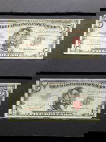 1953 A & B Series $5.00 RED SEAL Banknotes (2 PCS)