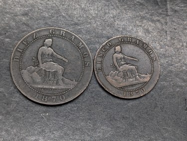(2) 1870 5 & 10 Centimos Spanish Coins