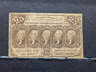 1863 Fractional 25 Cent Note. Helped the merchants make change during the Civil War. Average