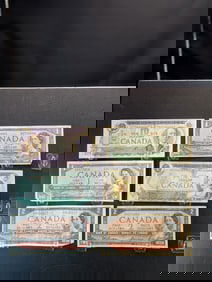2-1954 Ottawa Canada $1 Note, 1973 Canada $1, 2-1954 Canada $2, 1971 Canada $10