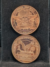 2 One Troy Ounce .999 Fine Copper Rounds