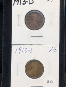 (2) Lincoln Wheat Cents 1913-S, 1913-D