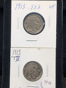 (2) 1913 Buffalo Nickels Type 1 and Type 2