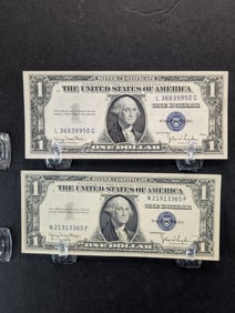 2-1935D Blue Seal $1 Silver Certificates. Crisp. UNC