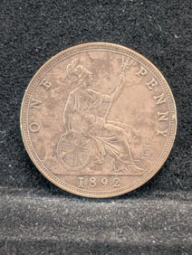 1892 (EF+, Great Details & Toning, Hard to Find this High of Grade) Great Britain Penny, 133 Years