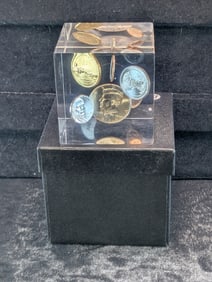 2011 Acrylic Square Paper weight, 2011P Coins Includes Dollar Coin, Half Dollar, Quarter, Dime,