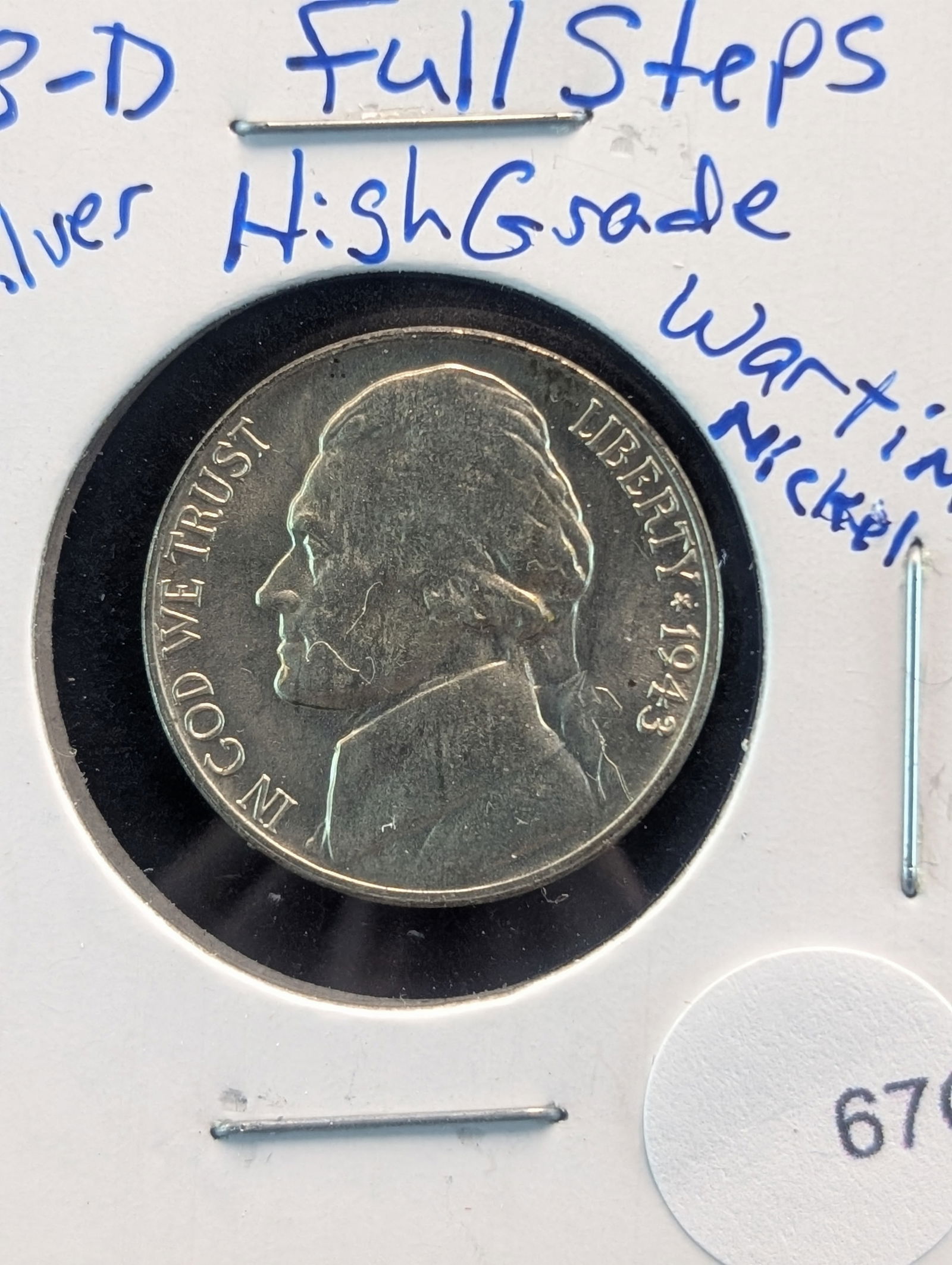 1943-D Jefferson Nickel. High Grade. 35% Silver (1 of 2)