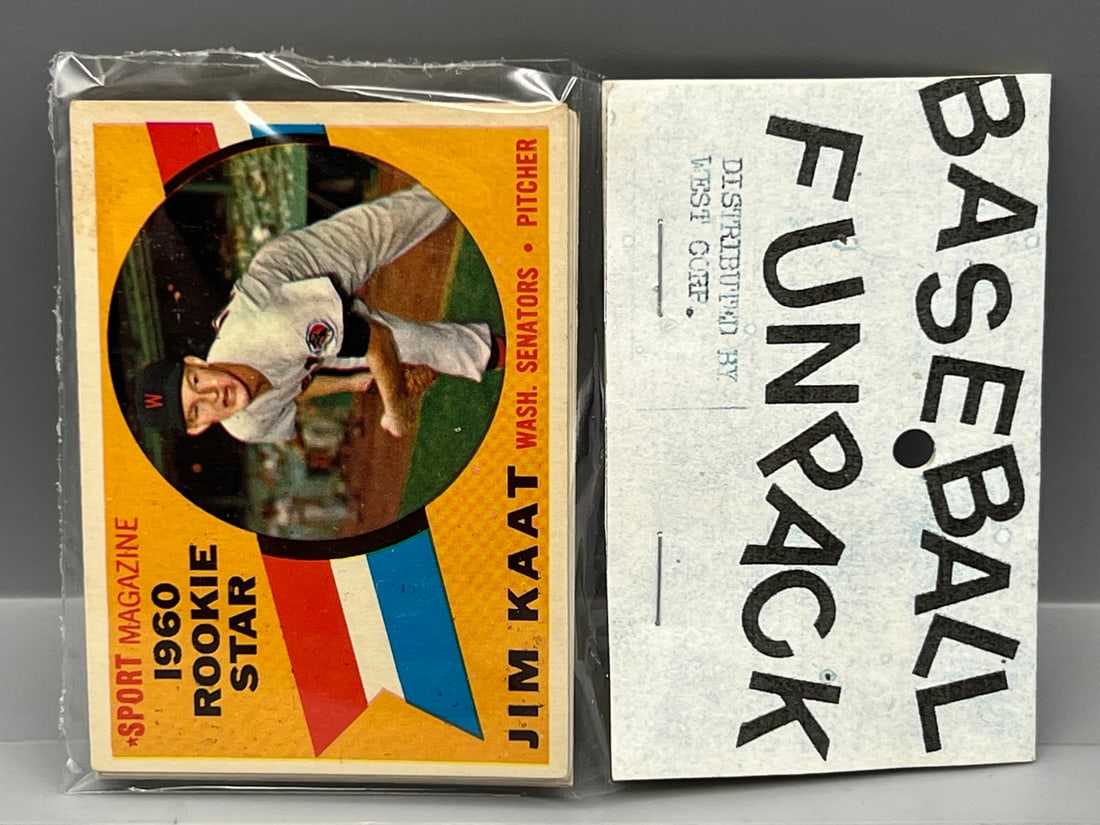 West Corp. Cello Fun Pack Repack 1960 Topps Baseball Sealed Pack - Jim Kaat RC On Front - Partial (1 of 2)