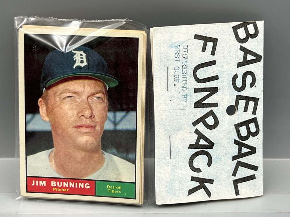 West Corp. Cello Fun Pack Repack 1961 Topps Baseball Sealed Pack - Jim Bunning On Front - Partial (1 of 2)