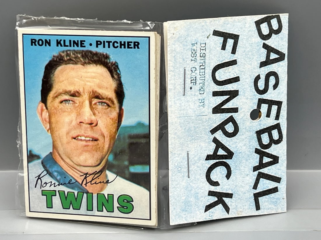 West Corp. Cello Fun Pack Repack 1967 Topps Baseball Sealed Pack - Whitey Ford On Back - Partial: West Corp. Cello Fun Pack Repack 1967 Topps Baseball Sealed Pack - Whitey Ford On Back - Partial seal tear