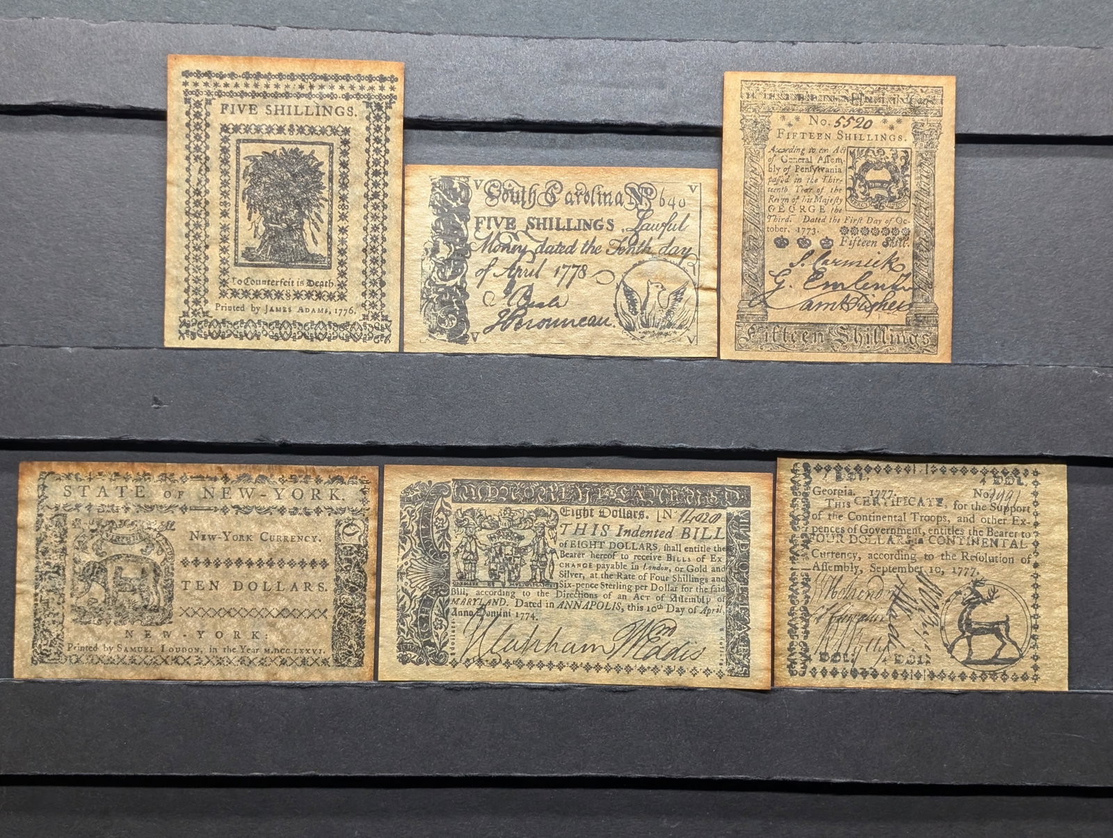 Lot of Six Vintage *Replica* Colonial Notes: Lot of Six Vintage *Replica* Colonial Notes