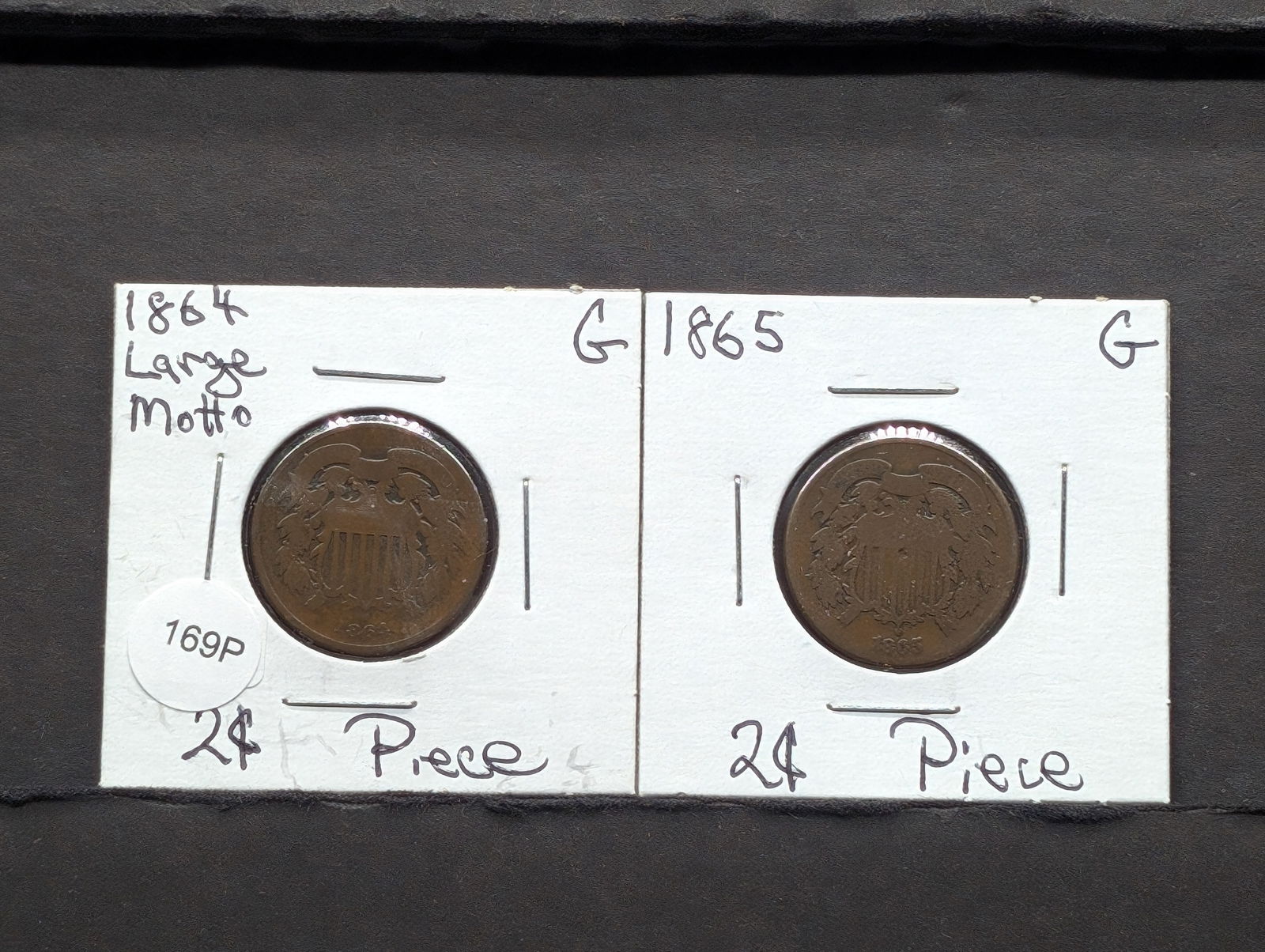 (2) 2 Cent Pieces 1864 Lg. Motto G, 1865 G (1 of 4)