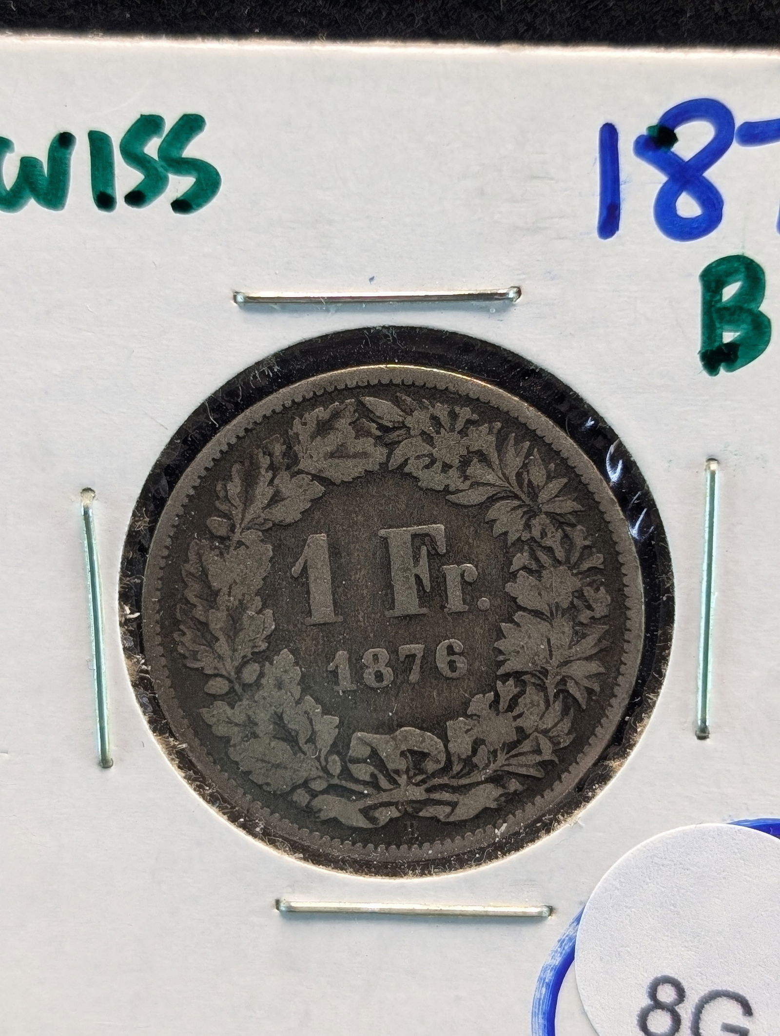 1876-B Switzerland 1 Franc.83.5% Silver. 2nd Year Type (1 of 2)