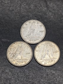 1962, 1964, & 1965 Canada Dimes, 80% Silver.