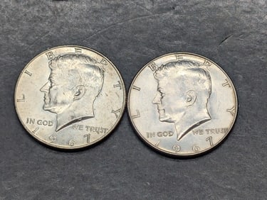 Lot of (2) 1967 40% Silver Kennedy Half Dollars