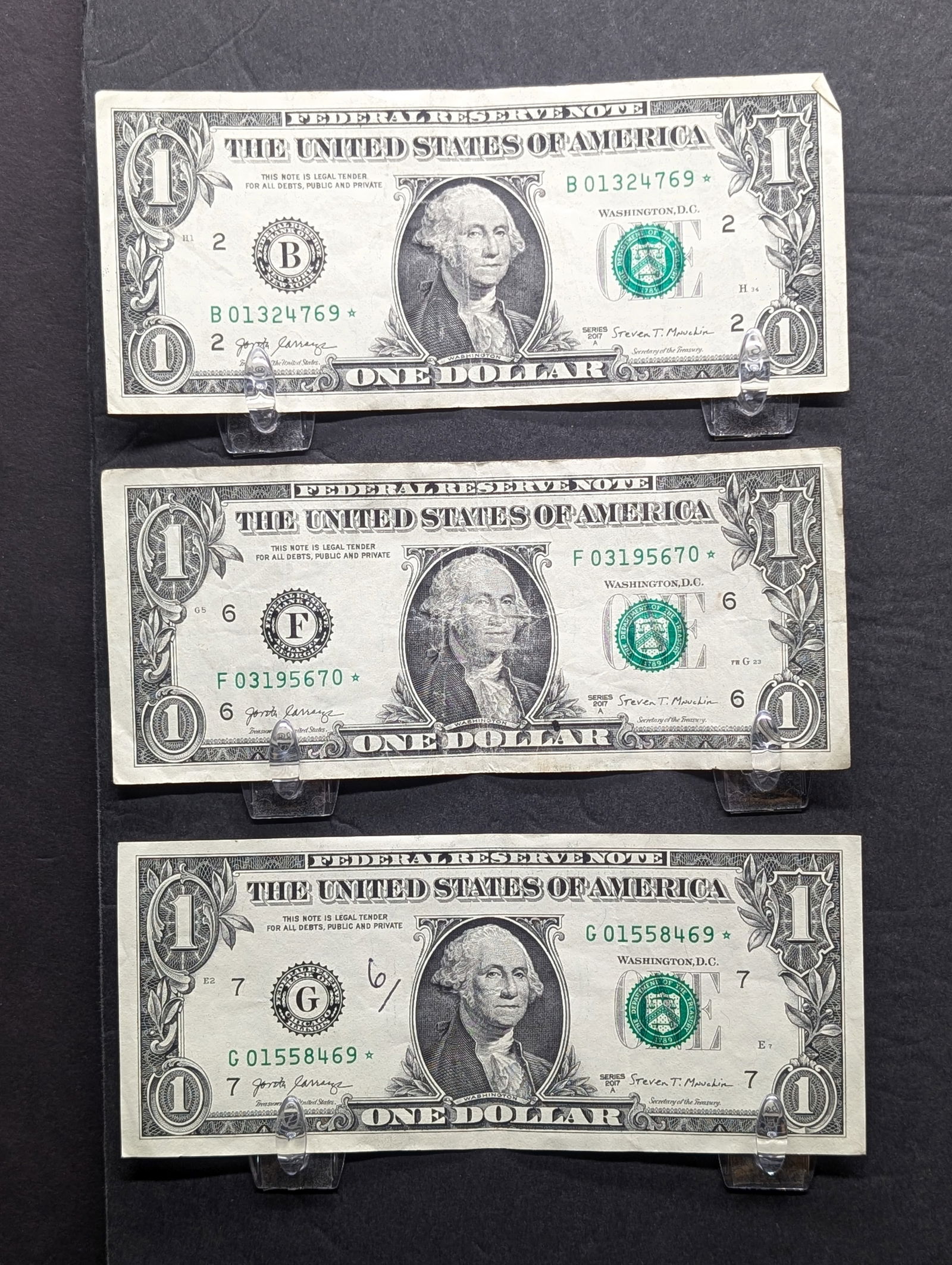 Three 2017-A One Dollar Federal Reserve Star Notes With Lower Serial Numbers. (1 of 3)