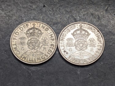 1939 & 1943 Great Britain Florin (Two Shillings), Total of 22.6 Grams .500 Silver