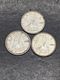 1953, 1959, & 1960 Canada Dimes, 80% Silver.