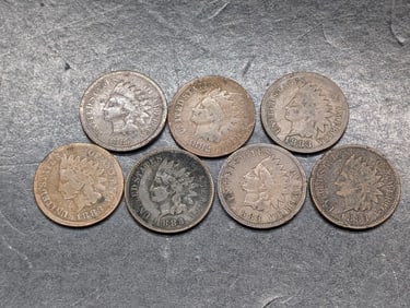 ( 7 coins) (1) 1881, (1) 1882, and (5) 1883, Indian Head Pennies
