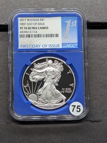 2017 W American Silver Eagle PF 70 Ultra Cameo BLUE Core First Day of Issue NGC