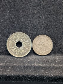1914 Soviet 10 Silver Kopeks & 1925 France 1 Centimes (2 PCS)