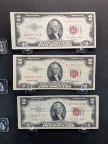 Lot of Three 1953 Series $2.00 RED SEAL Banknotes