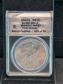1987 American Silver Eagle - ANACS Cert. MS70 *First Release - MIDWEST HOARD #35 of 96*