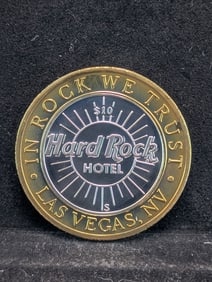 Hard Rock Hotel, Las Vegas, .999 silver center $10 token. ?In Rock We Trust.?