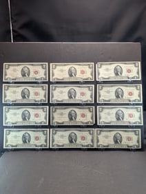 Twelve $2 Red Seal US Notes: Three 1953, three 1953A, three 1953B, and three 1953C. Nice circs.