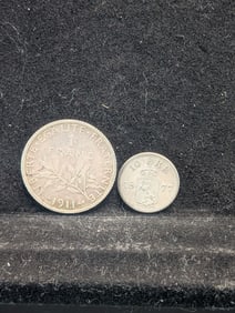 1911 France 1 Silver Franc & 1877 Sweden 10 Silver Ore (2 PCS)