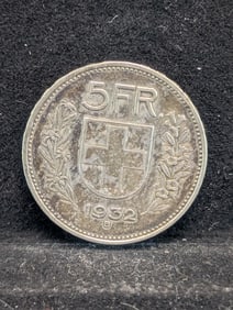 1932 Switzerland silver 5 Franc. 90% silver. XF.