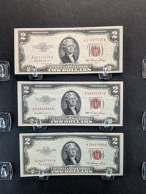 Lot of Three 1953 Series $2.00 RED EAL Banknotes