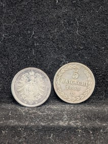 1874 Germany 20 Silver Pfennig & 1858-R Italian Papal States 5 Silver Baiocchi (2 PCS)