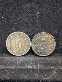 1835 East India Company 1/12 Anna & 1875 Germany 5 Pfennig (2 PCS)