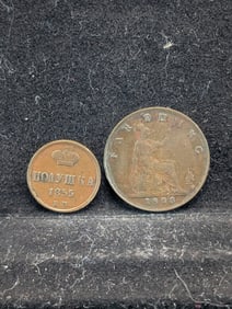 1888 Great Britain Farthing & 1855-EM Soviet 1/4 Kopek (2 PCS)