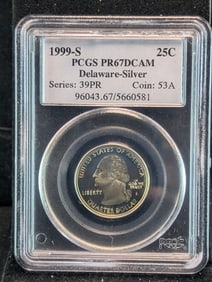 1999-S 90% Silver Delaware State 25c. PCGS PR67DCAM