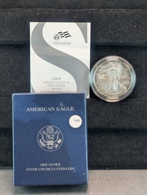 2008W UNC. American Silver Eagle. One Troy Ounce .999 Fine Silver $1. OGP/COA