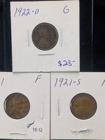 (3 Coins) 1921-P&S, 1922-D Lincoln Wheat Cents