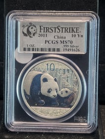 2011 China 10 Yn Silver Panda. One Troy Ounce .999 Fine. PCGS MS70. First Strike