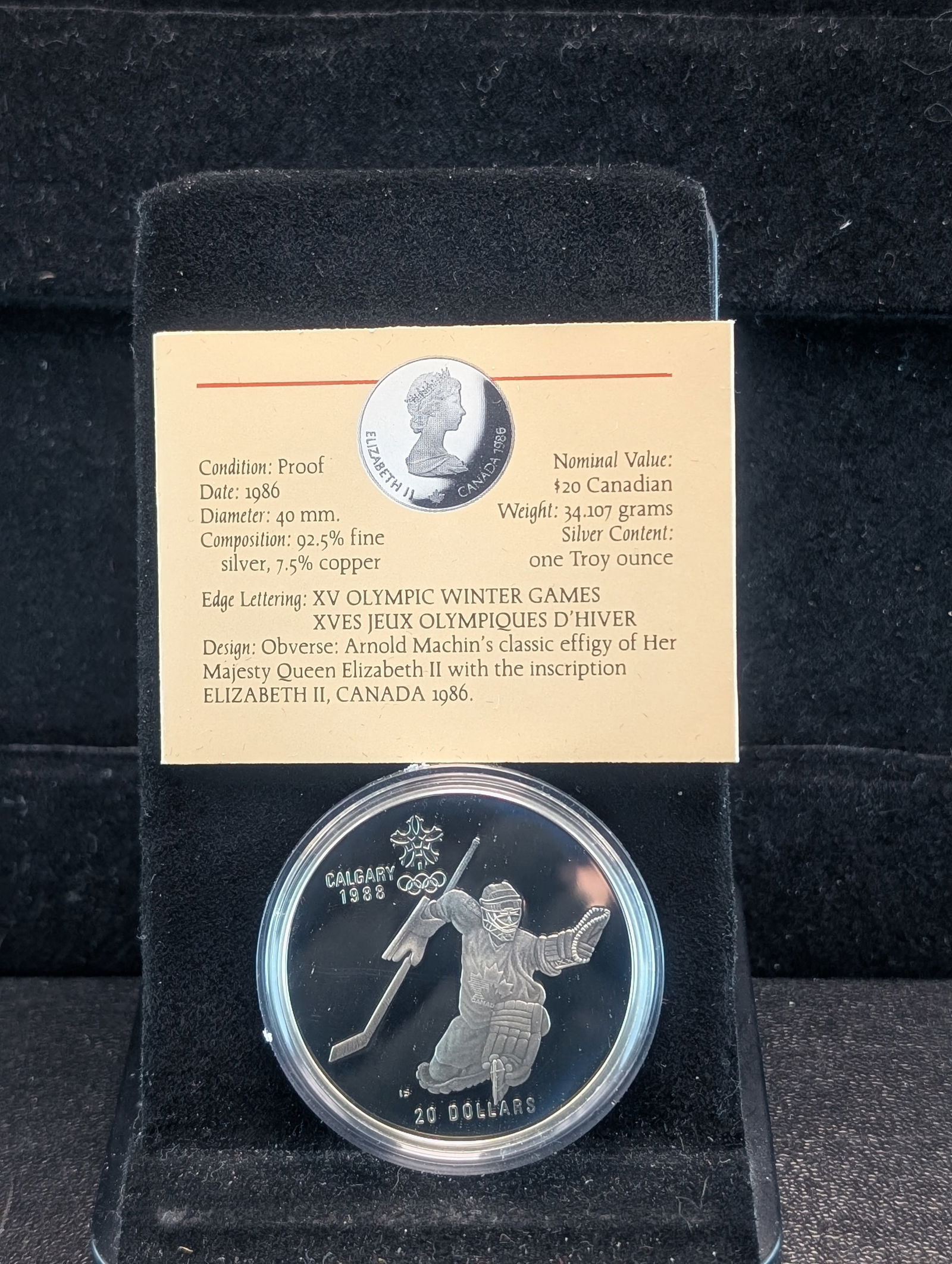 1986 Canada Olympic Winter Games 92.5% Silver $20 Coin (ASW One Troy Ounce) (1 of 3)