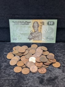 Lot Of 60 Unsearched Canadian Pennies Mixed Dates & One Crisp Egyptian Note