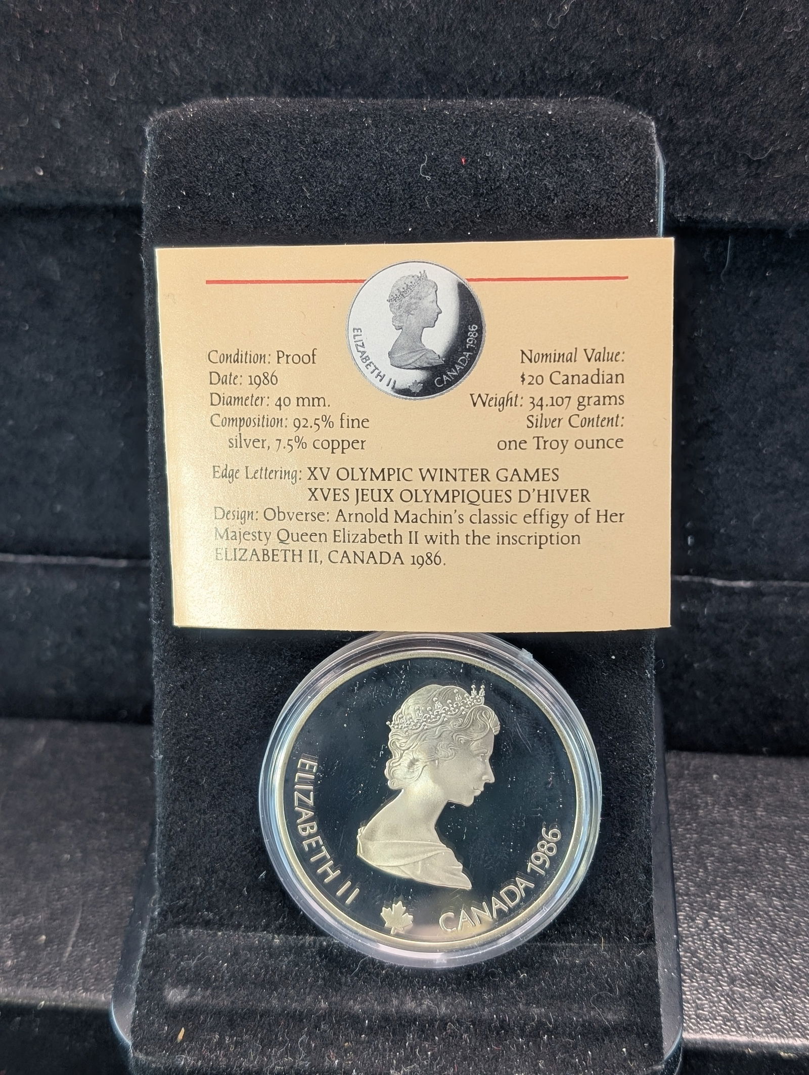 1986 Canada Olympic Winter Games 92.5% Silver $20 Coin (ASW One Troy Ounce) (1 of 3)