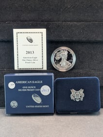 2013W Proof American Silver Eagle. One Troy Ounce .999 Fine Silver $1. OGP/COA