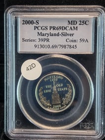 2000-S Maryland State Quarter. 90% Silver. PCGS PR69DCAM