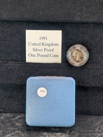 1991 U.K Silver Proof 1 Pound Coin. 92.5% Silver. RARE. Only 25k Minted. Royal Mint. OGP/COA
