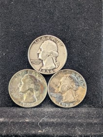 1953-D, 1956-D, 1956-D Washington Quarters. 90% Silver- 2 are Toned
