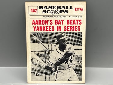 1961 Nu-Card Scoops #462 - Hank Aaron's Bat Beats Yankees In Series
