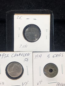 Three Old Foreign Coins, 1919 5 Centimes, 1921 10 Pfenning, & 1932 Canada 5 Cents
