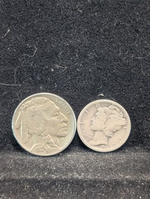 1928-D Mercury Dime & 1929-S Buffalo Nickel - Mercury Dime Is 90% Silver